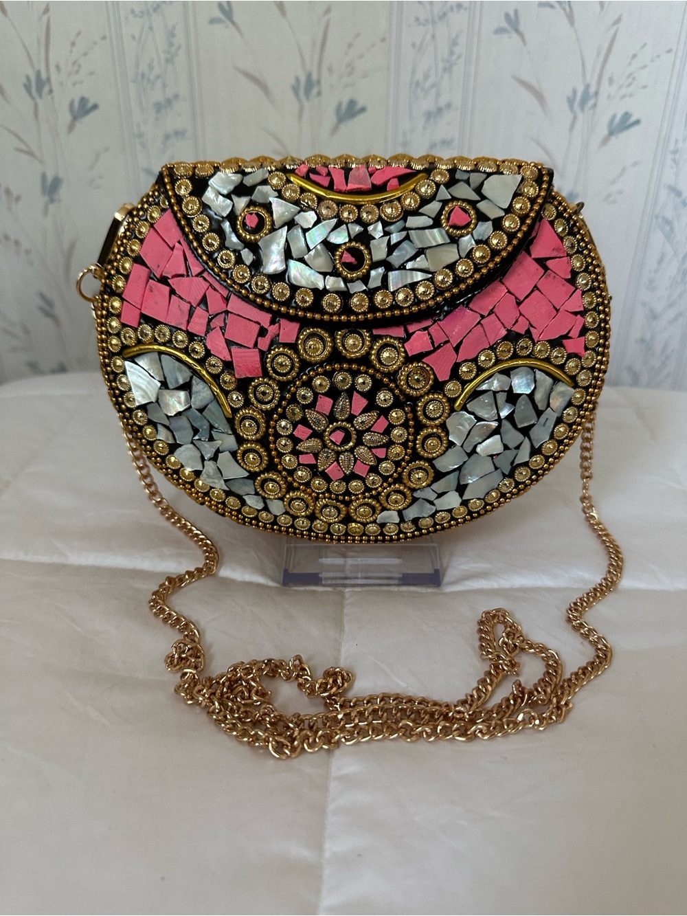 Ramla Beaded Pink Mosaic Evening Clutch with Gold Chain